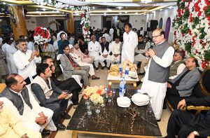 Minister of State for Development and Planning Chaudhry Armaghan Subhani addressing the Workers Eid Milan Party hosted by Nabi Ahmed Faraz.