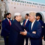President Asif Ali Zardari is being received by Senior PPP leader and Member National Assembly, Syed Khurshid Ahmed Shah upon his arrival at Sukkur Airport