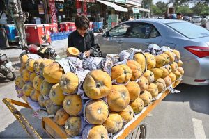 A vendor sells ginger and garlic from his cart at Sharbart Chowk