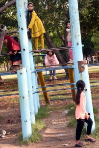 Children enjoy swings at a local park, filling the area with laughter and energy.