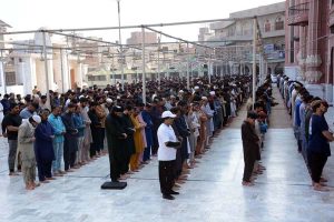 Devotees offer the third Jumma prayer at Jhang Bazaar Masjid during the holy month of Ramazan.