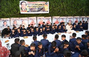 Orphans living children in Baitul Al-Mal Sweet Home offering dua before breaking their fast during the Holy Fasting Month of Ramazan, organized by Chairman of Late MNA Ayaz Soomro Foundation Ex-DIG Mohammad Riaz Soomro at his Residence Sachal Colony.
