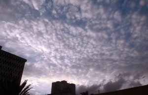 A view of clouds gathering over the city, which is likely to receive moderate to heavy rain.