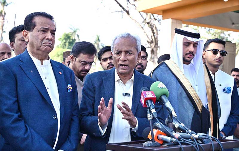 Governor Sindh Muhammad Nehal Hashmi talking to media persons after offering Eidul Fitr prayer at Governor House
