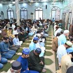 A religious scholar delivers a sermon on the last Friday of the holy month of Ramazan at the Jamia Masjid Ghussia Hanfia Purn Nagar