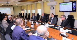 Federal Minister for Finance and Revenue, Senator Muhammad Aurangzeb, chairing a meeting of the Committee to Monitor Petrol Prices to review national fuel stocks and global market developments at the Finance Division.