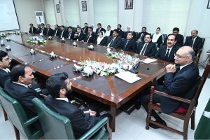 Judge of Lahore High Court (LHC) Justice Sultan Tanvir Ahmad addressing the Judiciary meeting at the District and Sessions Judge Complex