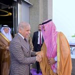 Prime Minister Muhammad Shehbaz Sharif is being received by Prince Saud bin Mashaal bin Abdulaziz, Deputy Governor of Makkah region, at the royal terminal of Jeddah International airport