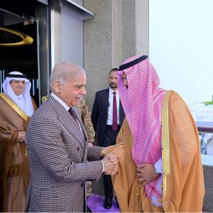 Prime Minister Muhammad Shehbaz Sharif is being received by Prince Saud bin Mashaal bin Abdulaziz, Deputy Governor of Makkah region, at the royal terminal of Jeddah International airport