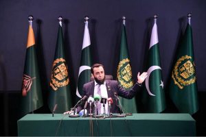 Federal Minister for Information and Broadcasting, Mr. Attaullah Tarar addressing press conference.