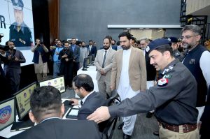 Chief Minister Khyber Pakhtunkhwa Muhammad Sohail Afridi and IG Khyber Pakhtunkhwa Zulfiqar Hameed along with other officials inaugurating Save City Peshawar Project at Malak Saad Shaheed Police Line