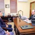 Newly appointed Member and Chairman of the Competition Commission of Pakistan (CCP), Farid Ahmad Tarar calls on the Federal Minister for Finance and Revenue, Senator Muhammad Aurangzeb, at the Finance Division. The Finance Minister congratulated Mr. Tarar on his appointment and wished him success in his new responsibilities