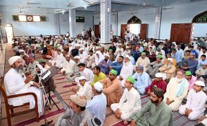 Faithful offering dua after Namaz-e-Juma-tul-Wida (last Friday prayer) at Jamia Masjid Bukhariya Rahmat Pur Sharif during the Holy Month of Ramazan