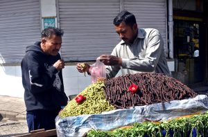 The odor of seasonal fruit has its own taste. A person purchases seasonal fruit mulberries from a roadside vendor.