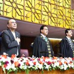 President Asif Ali Zardari, Speaker National Assembly Sardar Ayaz Sadiq and Chairman Senate Syed Yousuf Raza Gilani stand for the National Anthem at the joint session of Parliament at Parliament House