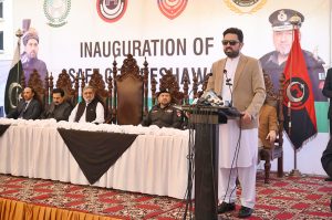 Chief Minister Khyber Pakhtunkhwa Muhammad Sohail Afridi addressing during the inauguration ceremony of Save City Peshawar at Malak Saad Shaheed Police Line