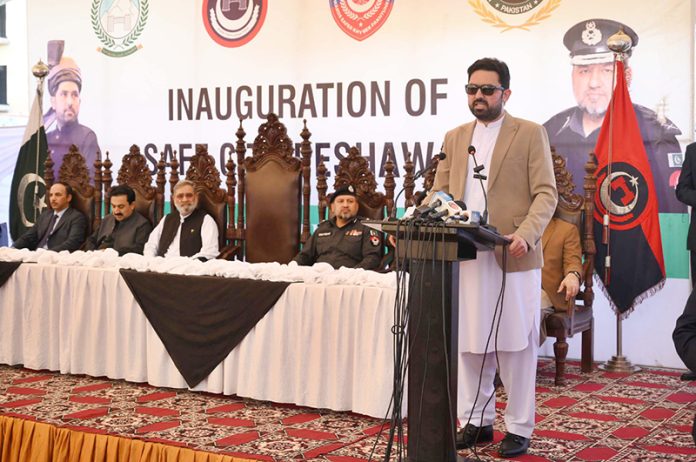 Chief Minister Khyber Pakhtunkhwa Muhammad Sohail Afridi addressing during the inauguration ceremony of Save City Peshawar at Malak Saad Shaheed Police Line