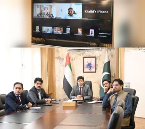 Consul General Hussain Muhammad, along with officers of the Consulate, interacts with members of the Pakistani community during a virtual briefing on government facilitation measures for overseas Pakistanis in the UAE.