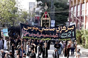 A large number of mourners attending the procession on Yom-e-Shahadat of Hazrat Ali (RA) at AL-Rahim Shopping center roads