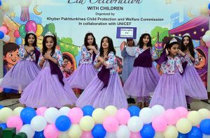 Additional Secretary, Social Welfare Department, Umarah Khan addressing during (KPCPWC) organized Eid celebration with the support of UNICEF with vulnerable and deserving children at Special Education Complex phase 5 Hayatabat.