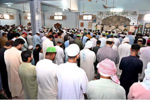 Faithful offering dua after Namaz-e-Juma-tul-Wida (last Friday prayer) at Jamia Masjid Bukhariya Rahmat Pur Sharif during the Holy Month of Ramazan