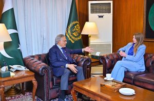British High Commissioner Jane Marriott calls on Deputy Prime Minister and Foreign Minister Senator Mohammad Ishaq Dar, at MoFA.