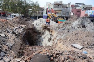 Labourers are busy in digging for laying a sewerage pipeline at Ghanta Ghar during the development works in the city.