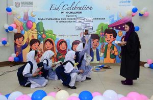 Additional Secretary, Social Welfare Department, Umarah Khan addressing during (KPCPWC) organized Eid celebration with the support of UNICEF with vulnerable and deserving children at Special Education Complex phase 5 Hayatabat.