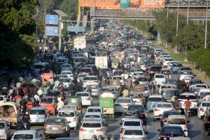 A massive traffic jam on Shahrah-e-Faisal creating problems for commuters during the holy month of Ramzan.