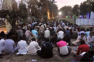 A large number of faithful sit together to break their fast at the Negahban Ramzan Dastarkhwan, set up under the Negahban Ramzan Package to provide free Iftar meals to the public from Punjab Government during the holy month of Ramadan.