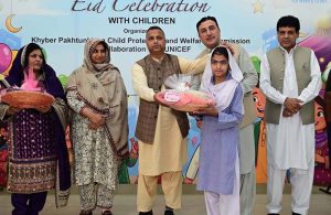 Additional Secretary, Social Welfare Department, Umarah Khan addressing during (KPCPWC) organized Eid celebration with the support of UNICEF with vulnerable and deserving children at Special Education Complex phase 5 Hayatabat.