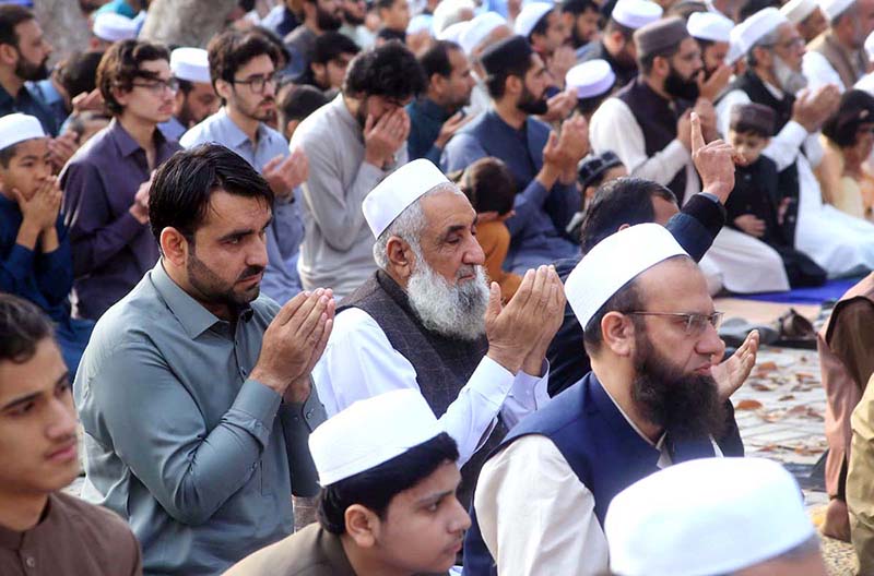 A large number of faithful offering dua after Eidul Fitr prayer at Eidgah