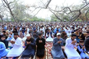 A large number of faithful offering dua after Eidul Fitr prayer at Eidgah