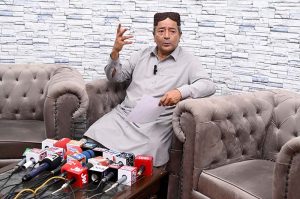 Central Senior Vice President Muslim League-Q Babu Sarfraz Siyal addressing a press conference at Larkana Press Club.