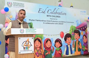 Additional Secretary, Social Welfare Department, Umarah Khan addressing during (KPCPWC) organized Eid celebration with the support of UNICEF with vulnerable and deserving children at Special Education Complex phase 5 Hayatabat.