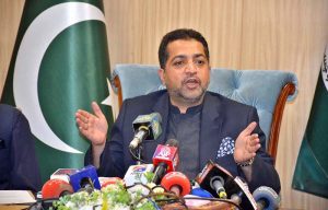 Balochistan Home Minister Zia Ullah Langau, Additional Chief Secretary (Home) Muhammad Hamza Shafqaat, and DIG Quetta brief media representatives during a press conference on security and governance measures.