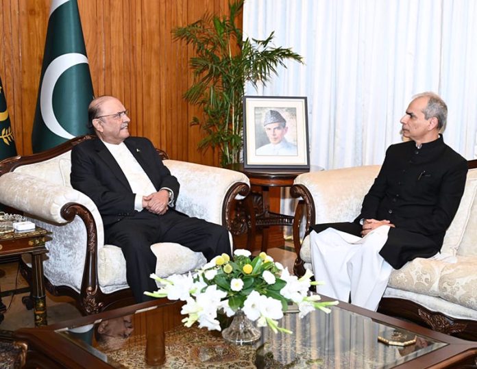 President Asif Ali Zardari in a meeting with Naveed Kamran Baloch who calls on him following the administration of his oath as Wafaqi Mohtasib (Federal Ombudsman) at Aiwan-e-Sadr
