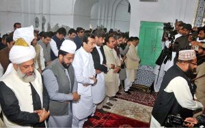 Chairman Senate Syed Yusuf Raza Gilani offering Eidul Fitr prayer at the shrine of Musa Pak Shaheed