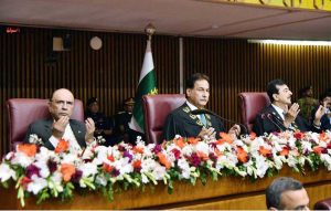President Asif Ali Zardari offering Fateha for the martyrdom of Ayatollah Seyyed Ali Khamenei and other innocents martyred in Iran, for victims in other brotherly countries, and for Pakistanis martyred during recent aggressive actions by the Afghan Taliban regime at the joint session of Parliament at Parliament House