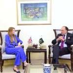 Federal Minister for Finance and Revenue, Senator Muhammad Aurangzeb, holding a meeting with Ms. Jane Marriott CMG OBE, British High Commissioner to Pakistan at the Finance Division.