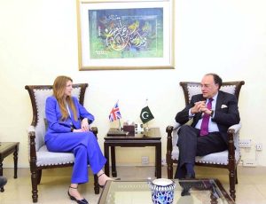 Federal Minister for Finance and Revenue, Senator Muhammad Aurangzeb, holding a meeting with Ms. Jane Marriott CMG OBE, British High Commissioner to Pakistan at the Finance Division.