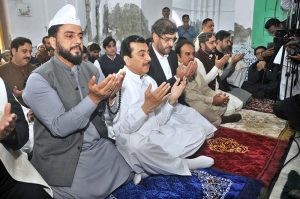 Chairman Senate Syed Yusuf Raza Gilani offering Eidul Fitr prayer at the shrine of Musa Pak Shaheed