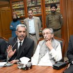 Advocate General Punjab Amjad Pervez Chaudhry is addressing a meeting of Law Officers Punjab. He is accompanied by Provincial Law Minister Rana Muhammad Iqbal and Provincial Law Secretary Asif Bilal Lodhi at Advocate General Punjab office.