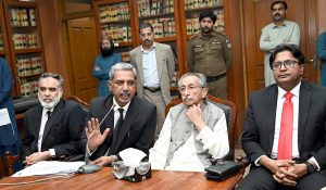 Advocate General Punjab Amjad Pervez Chaudhry is addressing a meeting of Law Officers Punjab. He is accompanied by Provincial Law Minister Rana Muhammad Iqbal and Provincial Law Secretary Asif Bilal Lodhi at Advocate General Punjab office.