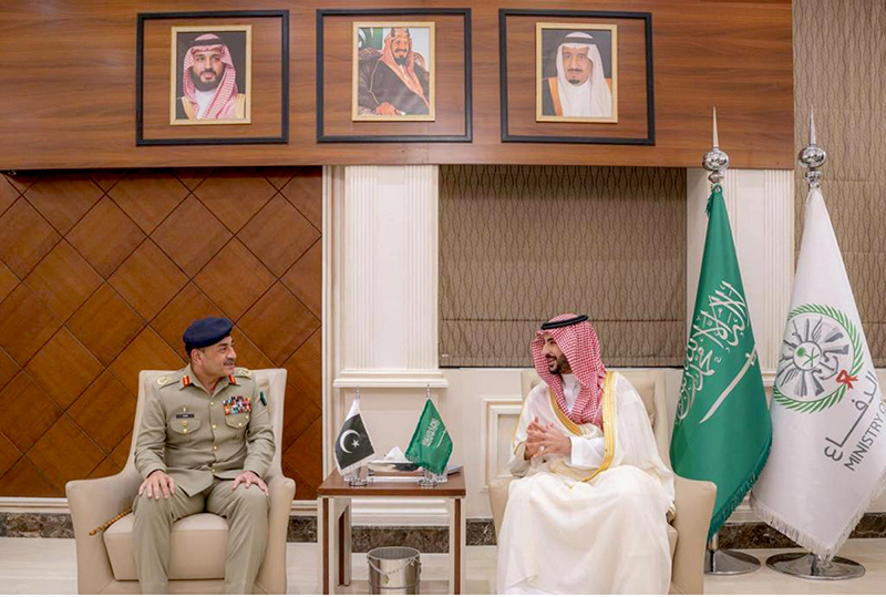 Chief of Army Staff and Chief of Defense Forces, Field Marshal Syed Asim Munir meets with Prince Khalid Bin Salman, the Defence Minister of Kingdom during his visit to KSA