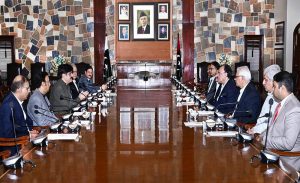 Sindh Chief Minister Syed Murad Ali Shah meets Federal Finance Minister Muhammad Aurangzeb and Federal Petroleum Minister Ali Pervaiz Malik at the CM House to review the impact of escalating tensions in Iran on Pakistan’s energy supplies and overall economy