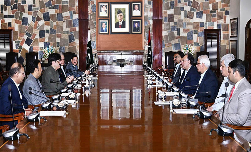 Sindh Chief Minister Syed Murad Ali Shah meets Federal Finance Minister Muhammad Aurangzeb and Federal Petroleum Minister Ali Pervaiz Malik at the CM House to review the impact of escalating tensions in Iran on Pakistan’s energy supplies and overall economy