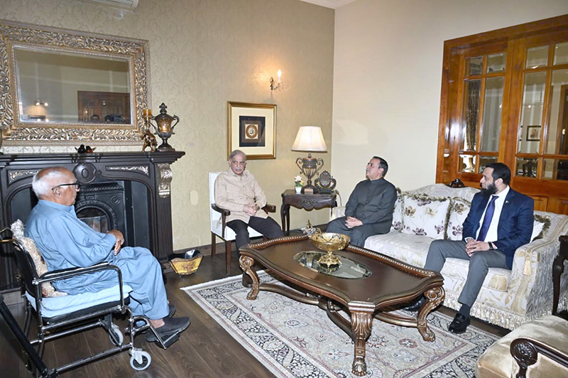Prime Minister Muhammad Shehbaz Sharif visits Federal Minister for Maritime Affairs Junaid Anwar Chaudhry to offer condolences on the demise of his mother