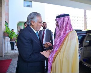 Deputy Prime Minister and Foreign Minister Senator Mohammad Ishaq Dar, shakes hand with H.H. Prince Faisal bin Farhan Al Saud, Foreign Minister of the Kingdom of Saudi Arabia, at the Ministry of Foreign Affairs.