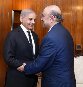 President Asif Ali Zardari shakes hands with Prime Minister Muhammad Shehbaz Sharif who met him at Aiwan-e-Sadr.